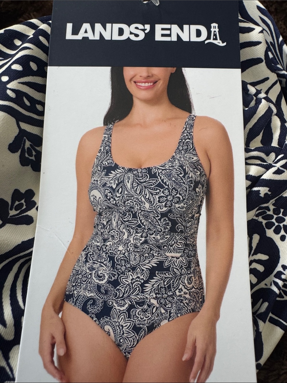 Lands' End Navy and White Paisley One-Piece Swimsuit